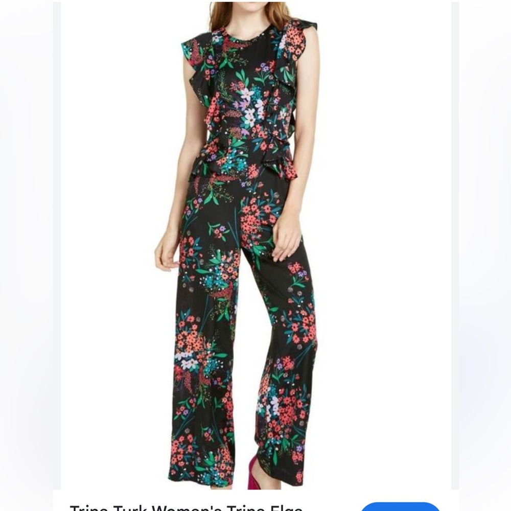 NWT Trina Turk vibrant Trina Elga ruffle front Black Floral Jumpsuit